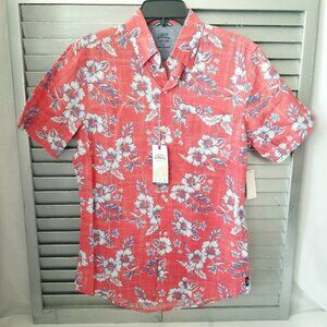 IZOD Mens S Short Sleeve Cotton Floral Hawaiian Button Up Shirt Coral Blue White